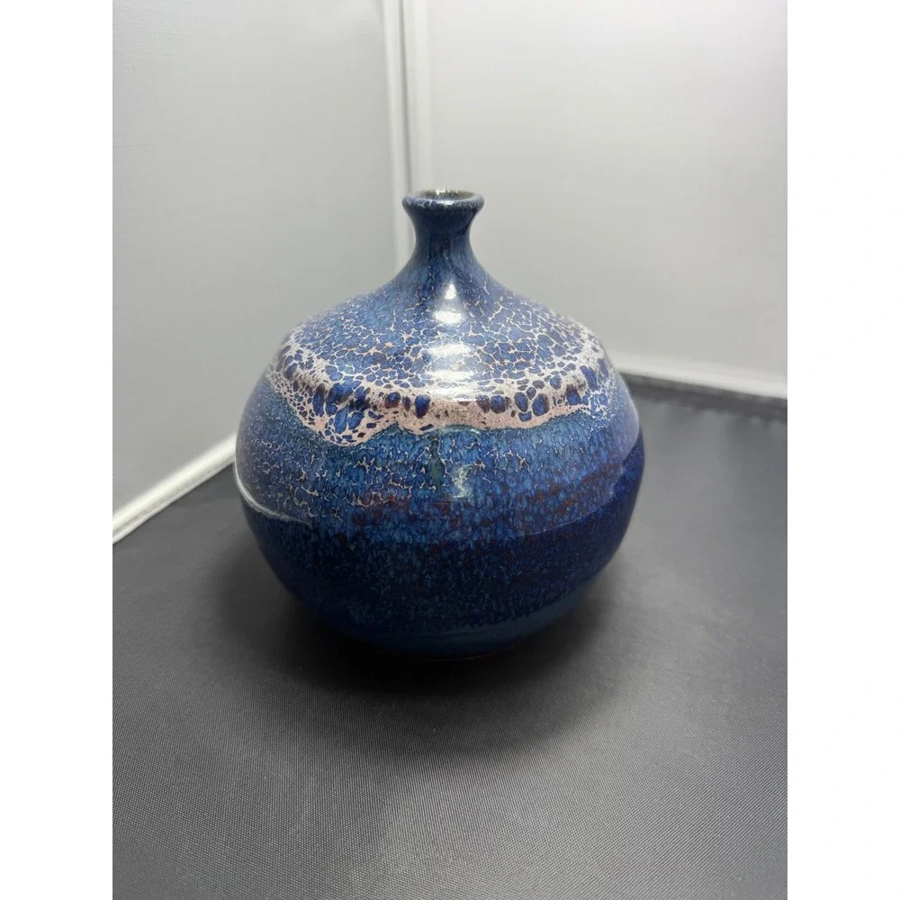 Vase Mid Century West German Fat Lava Pottery Blue cobalt indigo Drip Glaze 5.5